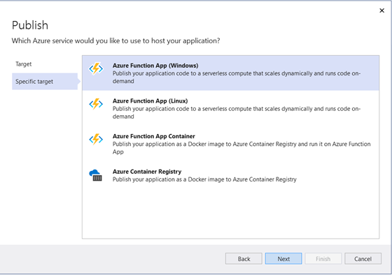 Specify the Azure Service to host your application