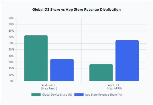 Mobile App Development Global OS Share vs App Store Revenue Distribution 