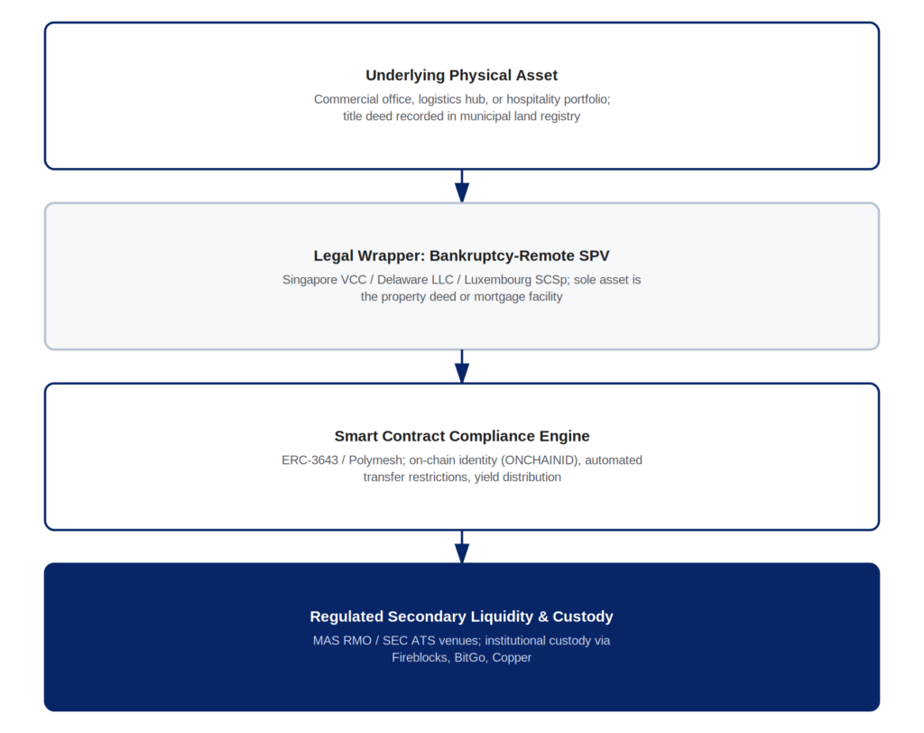 Institutional real estate tokenization architecture diagram showing the flow from physical asset through SPV, smart contract compliance engine, to regulated secondary liquidity
