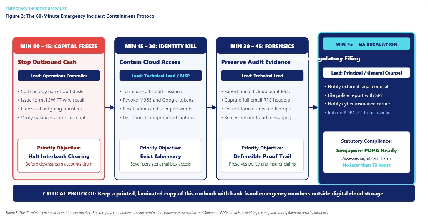The first 60 minutes after a security incident in four stages: freeze capital, contain identity, secure the trail, and escalate.