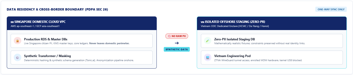 PDPA Section 26 Zero-PII Development Boundary Architecture showing Singapore domestic cloud VPC decoupled from Vietnam ODC staging